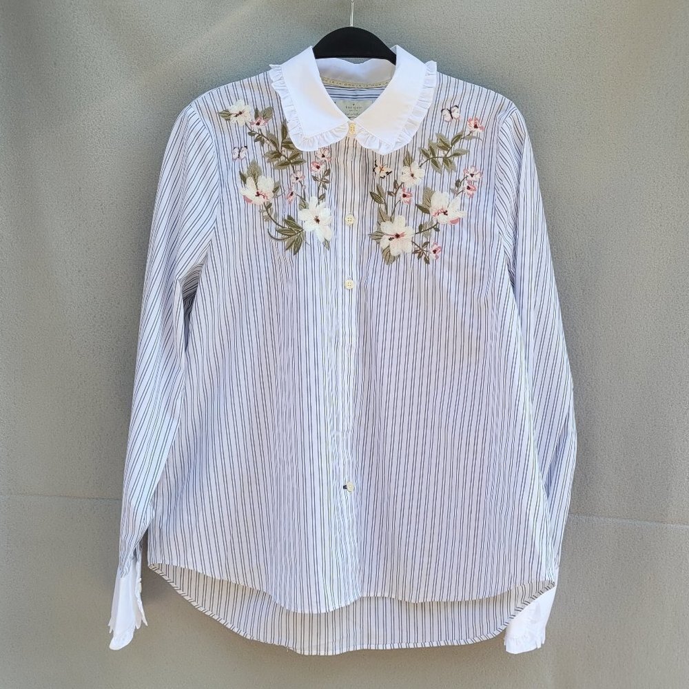 Kate Spade embroidered detail stripe ruffle button up top size S NEW